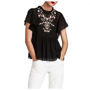 Zara Floral Boho‎ Romantic Feminine Black Embroidered Top Size S
